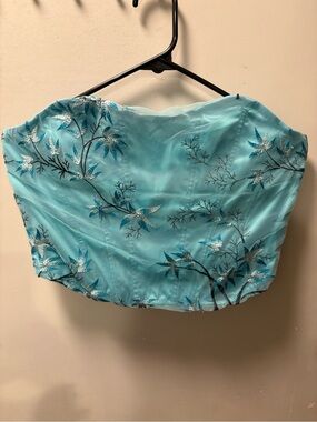 Aqua Floral Embroidered Strapless Bustier Top